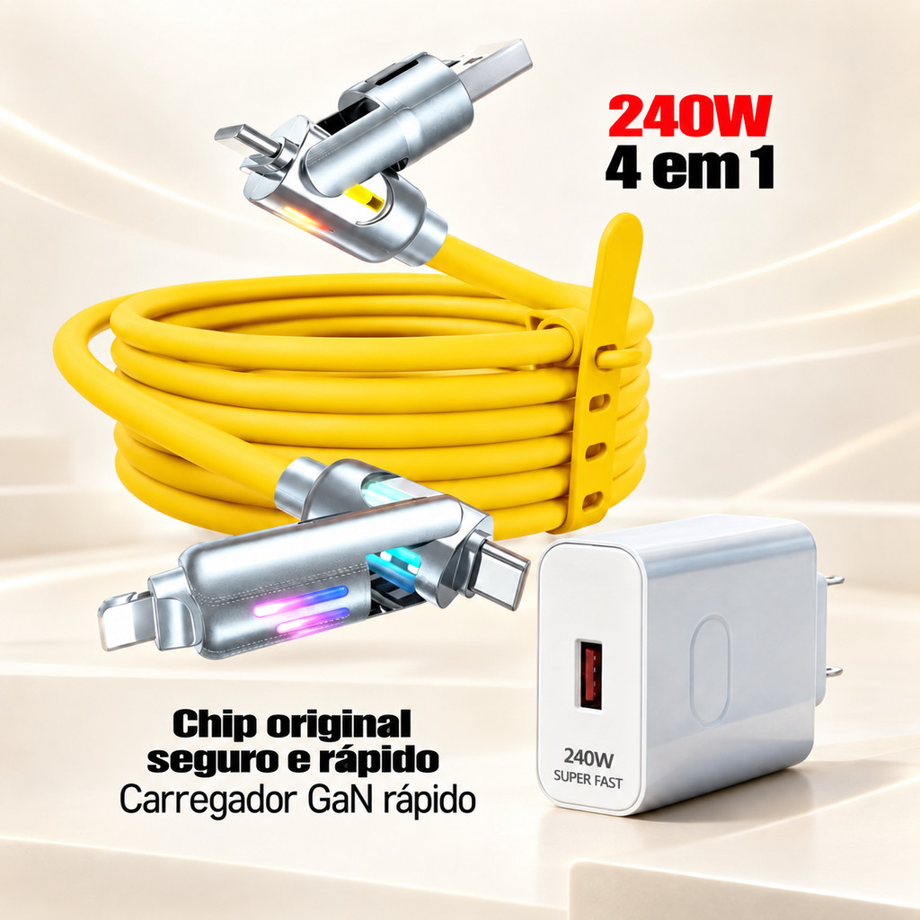 Cabo Multifuncional 4 em 1 2 Metros USB C Micro USB USB A para iPhone Opção Kit Carregador 240W Carga Rápida