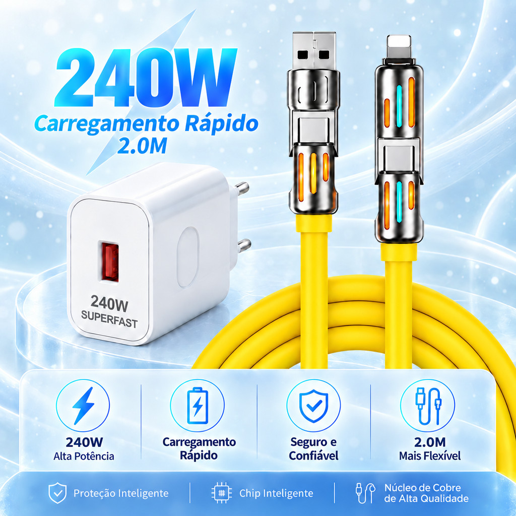 Cabo USB 4 em 1 2M USB C USB A Micro USB Compatível iPhone Carga Rápida Opção Carregador 240W Amarelo