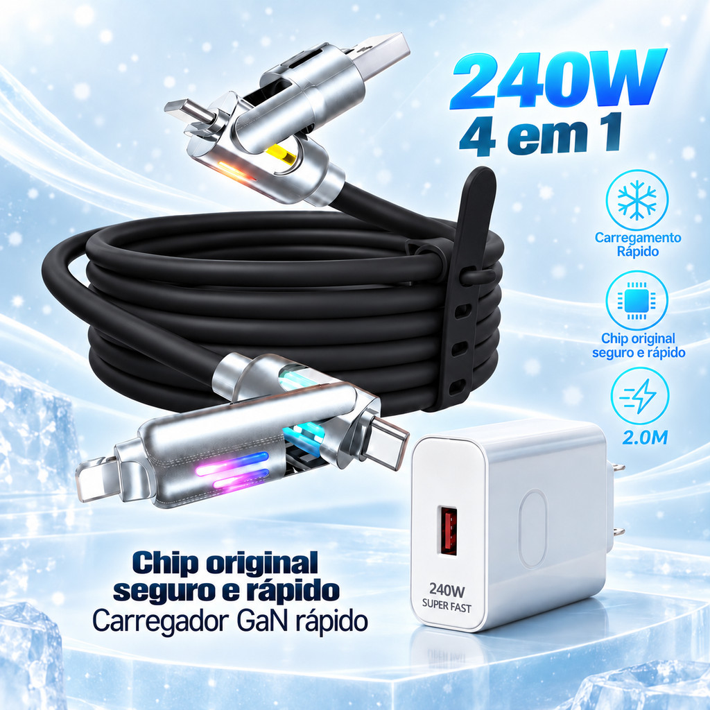 Cabo Carregador 4 em 1 2 Metros USB C USB A Micro USB Compatível iPhone Carga Rápida 240W Preto