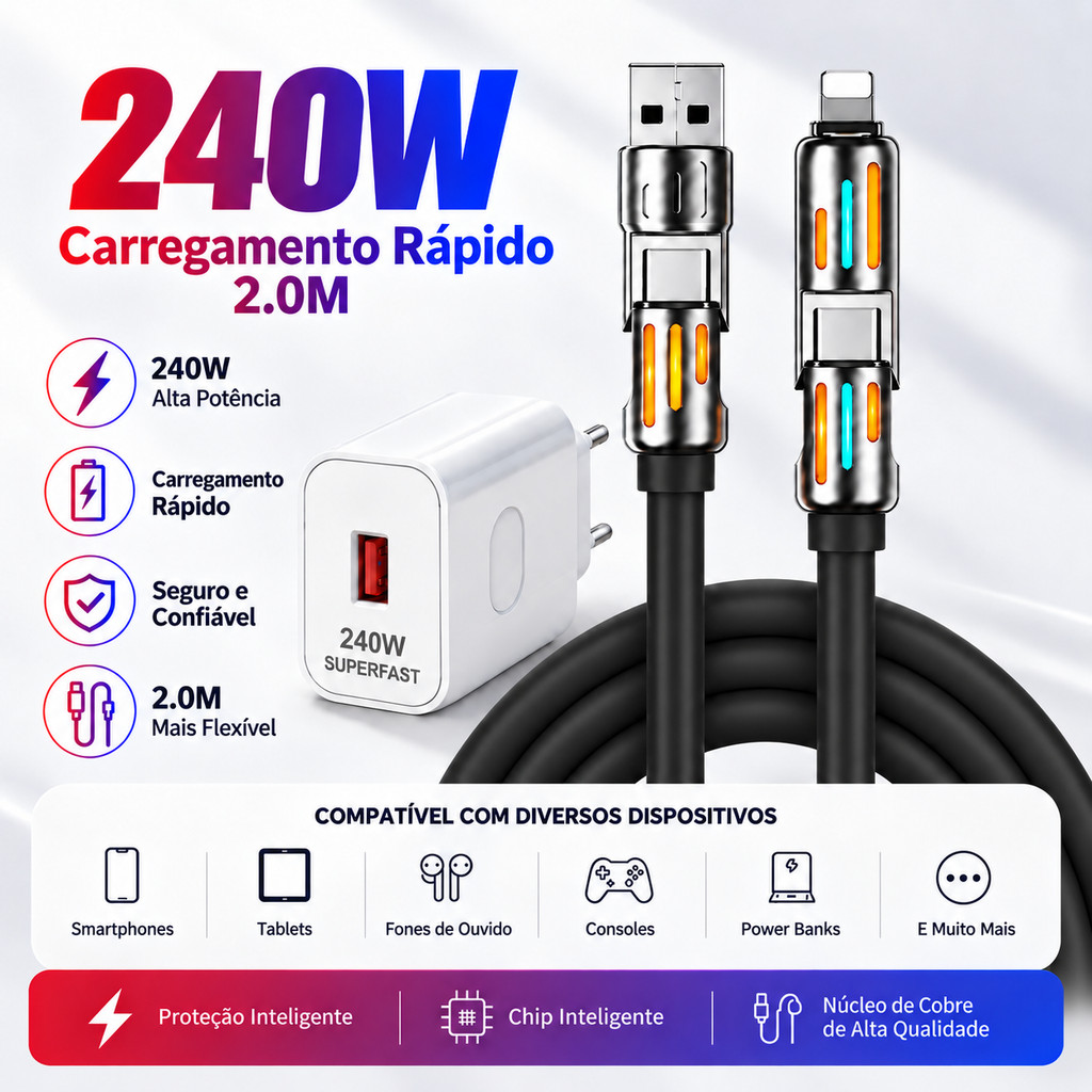 Cabo Multifuncional 4 em 1 2M USB C USB A Micro USB Compatível iPhone Carregador 240W Preto