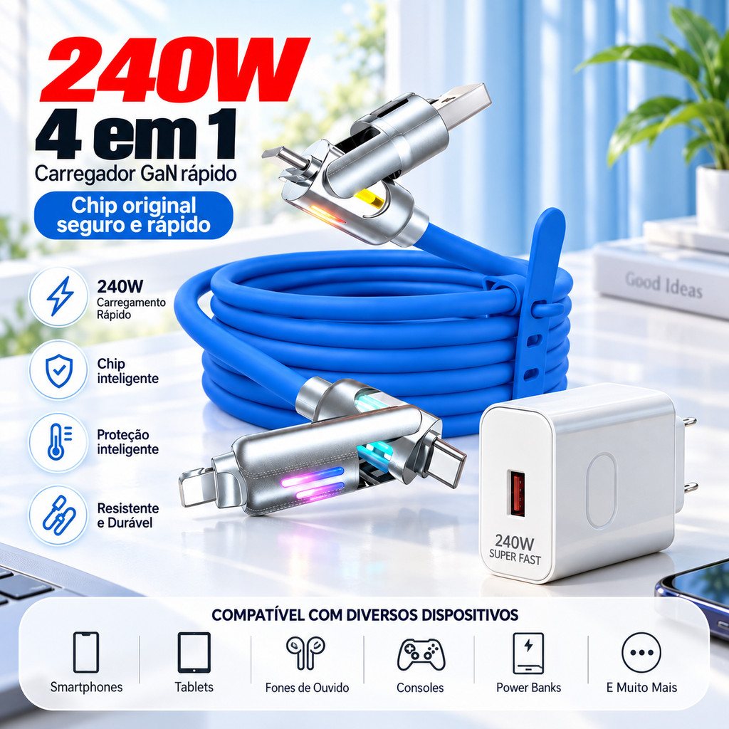 Cabo 4 em 1 2M USB C USB A Micro USB Compatível iPhone Carga Rápida Carregador Fonte 240W Azul