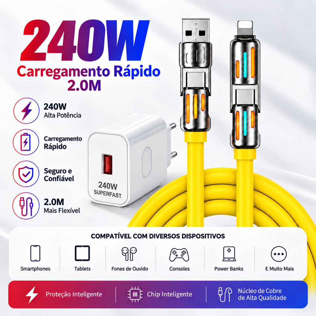 Cabo Carga Rápida 4 em 1 2M USB C USB A Micro USB Compatível iPhone Opção Fonte Carregador 240W Amarelo
