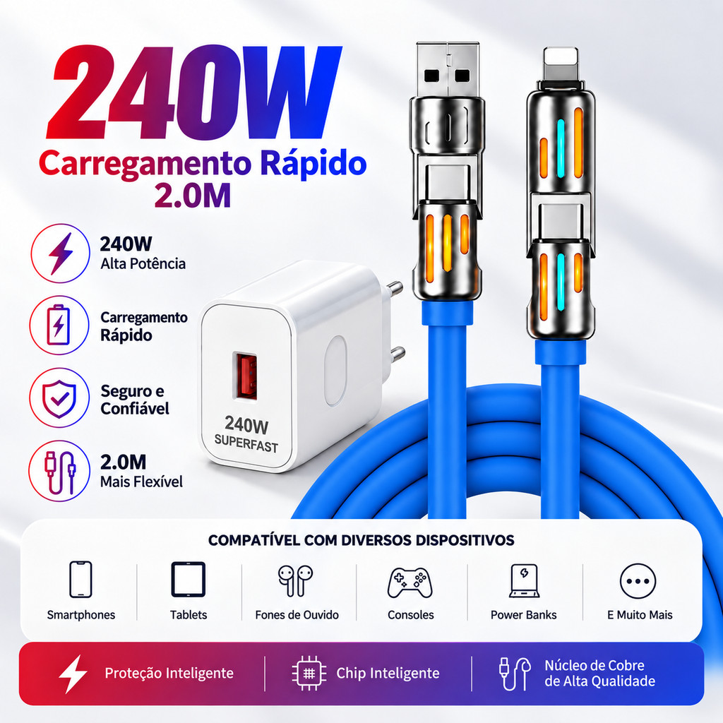 Cabo Carregador 4 em 1 2 Metros USB C USB A Micro USB Compatível iPhone Carga Rápida 240W Azul