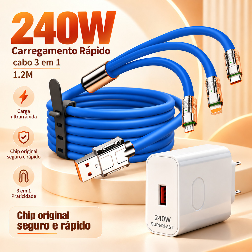 Cabo Carregador 3 em 1 USB-A 1,2M Tipo C Micro USB para iPhone Compatível Fonte 240W Kit Opcional