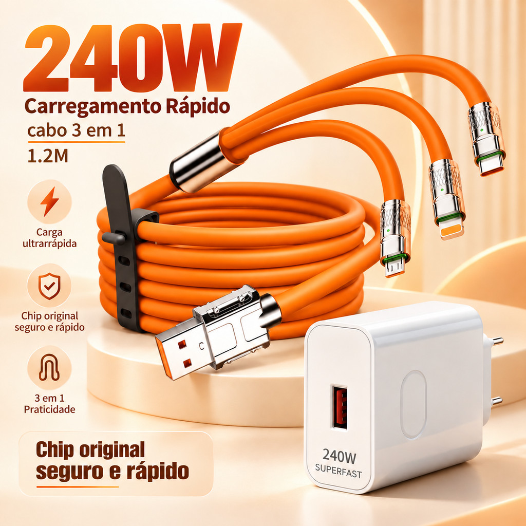 Cabo Multiuso USB-A 3 em 1 1,2M Tipo C Micro USB Compatível iPhone Escolha Cabo ou Kit Carregador 240W