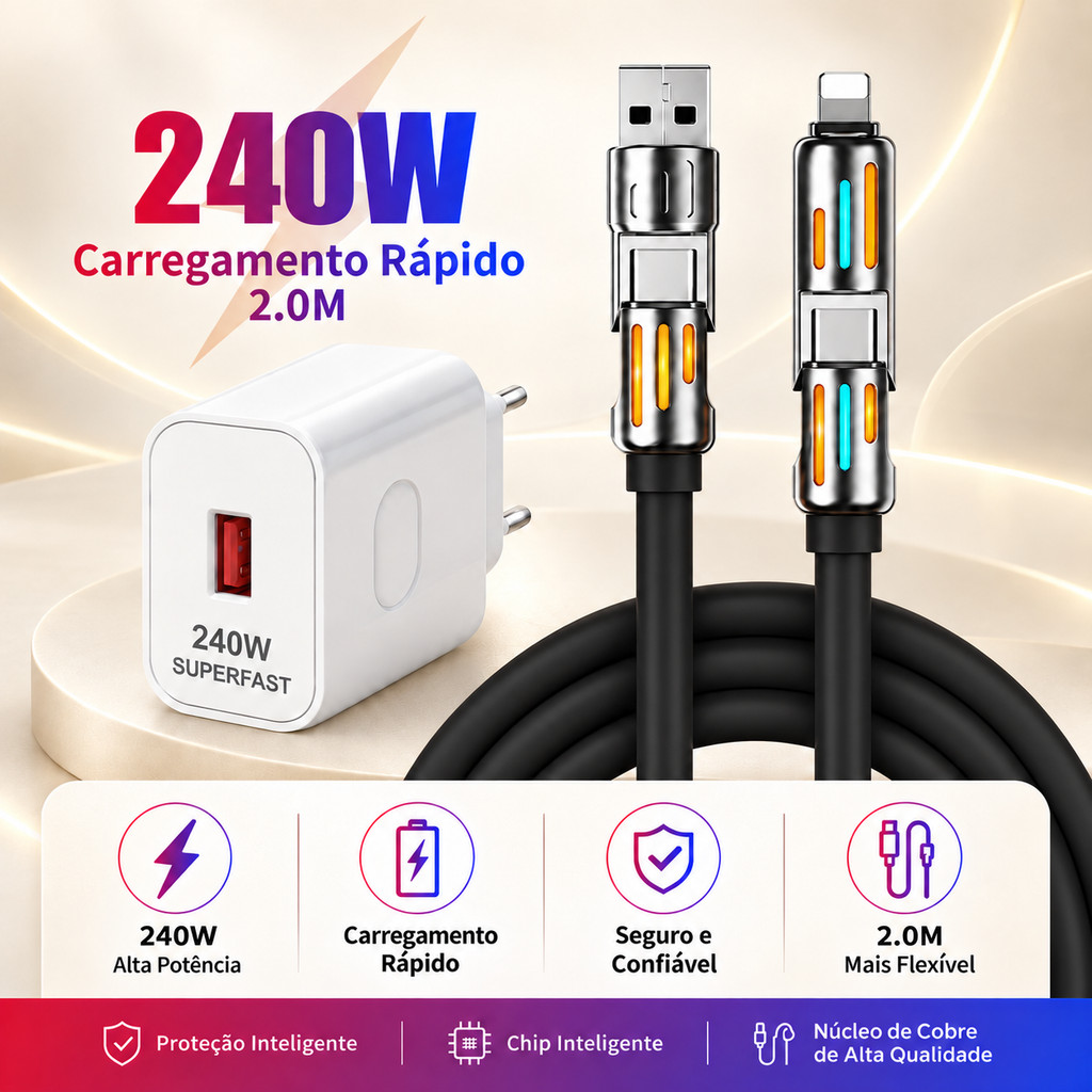 Cabo Carregador 4 em 1 2M USB C USB A Micro USB Compatível iPhone Carga Rápida Opção com Carregador 240W