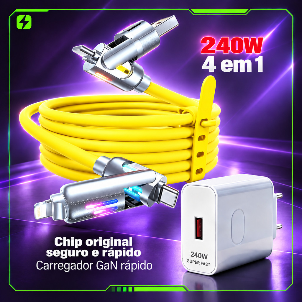 Cabo Universal 4 em 1 2 Metros USB C USB A Micro USB Compatível iPhone Opção Kit com Carregador 240W