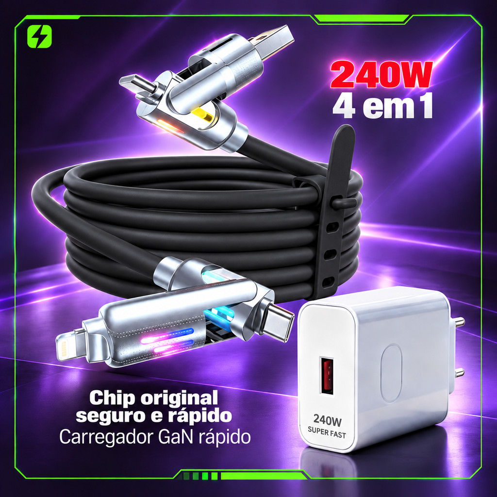 Cabo Carregador 4 em 1 2M USB C USB A Micro USB Compatível iPhone Carga Rápida Opção Fonte 240W