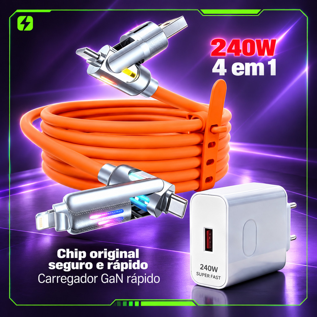 Cabo 4 em 1 2 Metros USB C USB A Micro USB Compatível iPhone Carga Rápida Opção com Fonte Carregador 240W