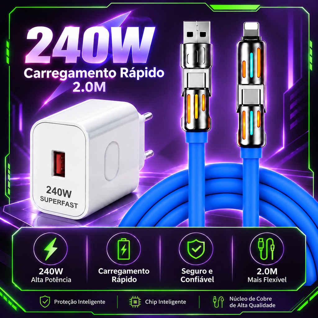 Cabo 4 em 1 USB C USB A Micro USB para iPhone 2 Metros Carga Rápida Escolha Cabo ou Kit com Carregador 240W
