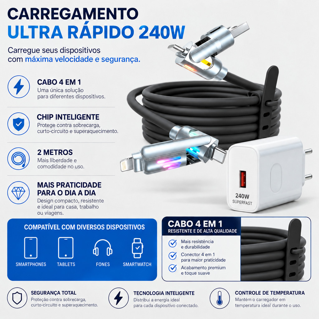 Cabo Multifuncional 4 em 1 2M para Celular USB C Micro USB USB A iPhone Opção Kit Completo Carregador 240W