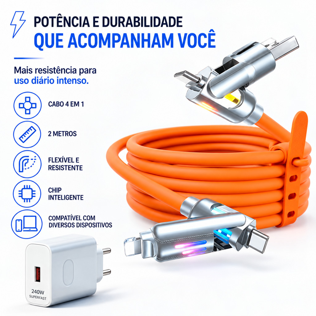 Cabo 4 em 1 2 Metros Carregamento Rápido USB C Micro USB USB A Compatível iPhone Opção Carregador 240W