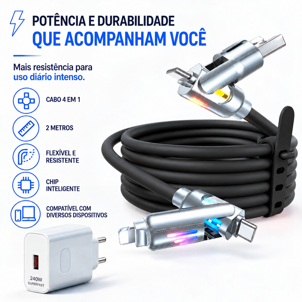 Kit Opcional Carregador 240W Cabo 4 em 1 2M USB C USB A Micro USB Compatível iPhone Carregamento Rápido