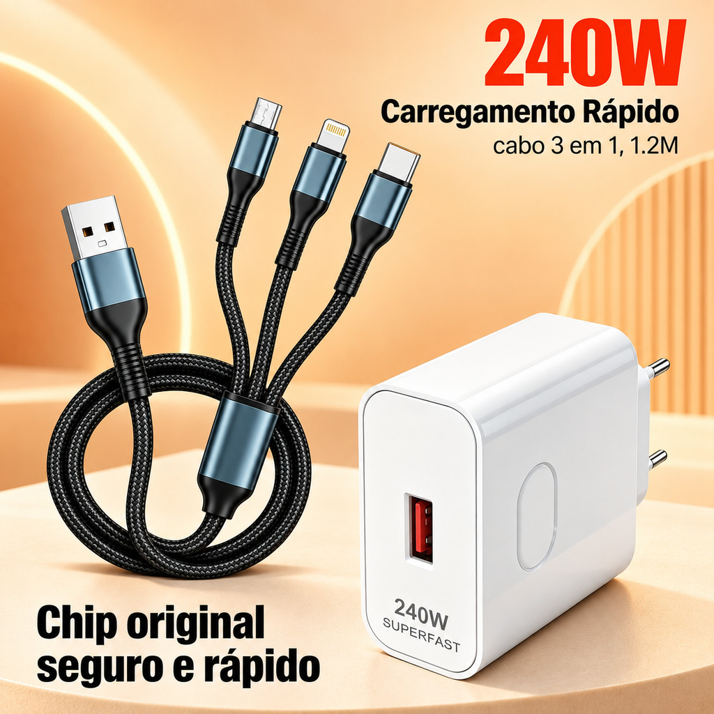 Cabo de Carregamento 3 em 1 6A USB-A Tipo C Micro USB Compatível iPhone Nylon Trançado Kit 240W Opcional