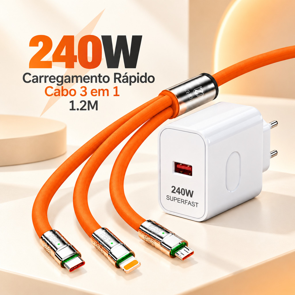 Cabo Carregador 3 em 1 1,2M USB-A Tipo C Micro USB Compatível iPhone Multi Conector com Kit 240W Opcional