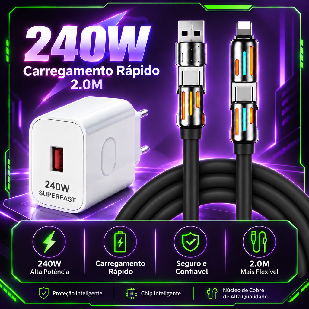 Carregador 240W Cabo 4 em 1 2 Metros USB C USB A Micro USB Compatível com iPhone Carregamento Rápido