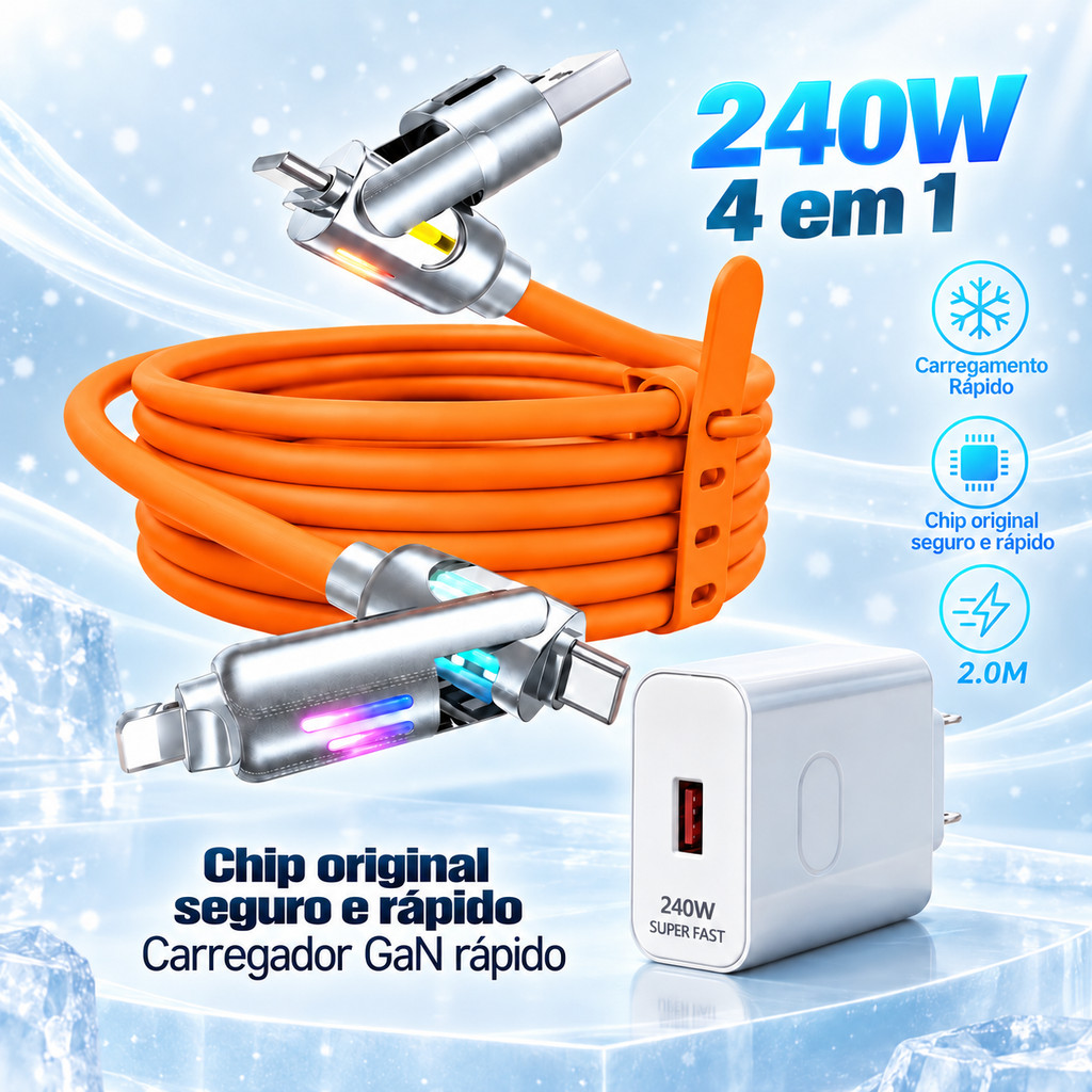 Cabo Multifuncional 4 em 1 2M USB C USB A Micro USB Compatível iPhone Carregador 240W Laranja