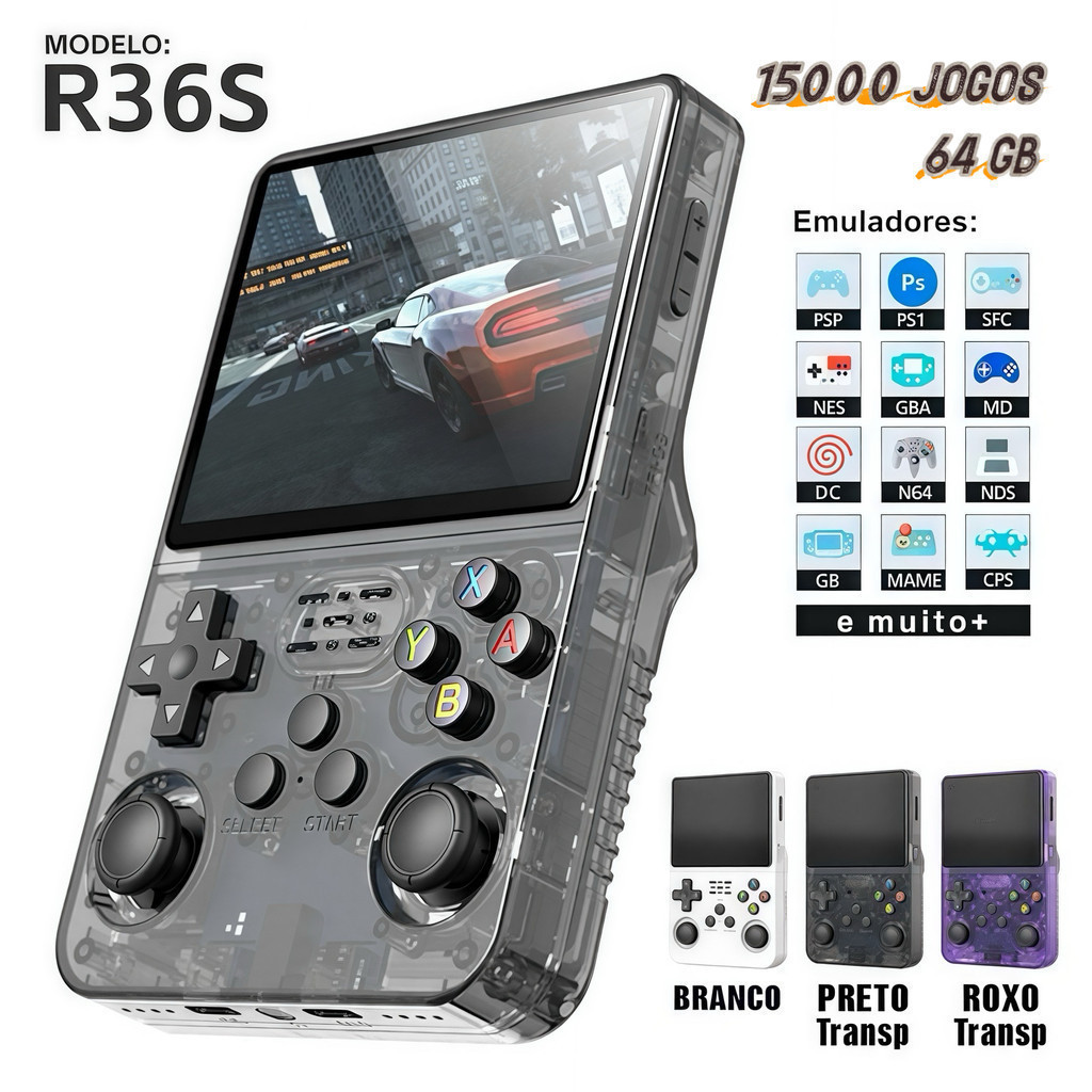 Console Portátil R36S 64GB – +15.000 Jogos • Tela IPS 3.5