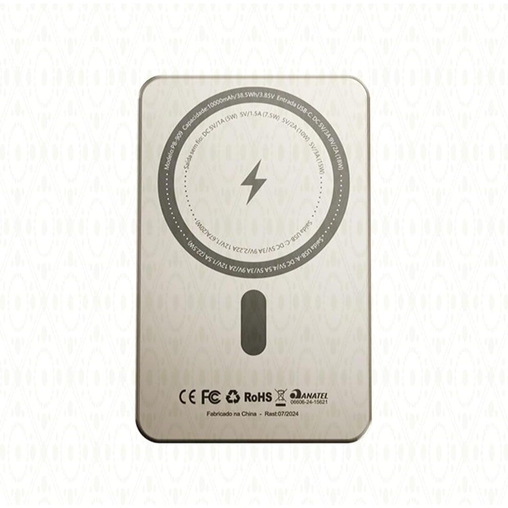 Power Bank Hrebos PB-909 10000mAh Magnético 22.5W – Compatível iPhone 12 a 16, Corpo em Alumínio