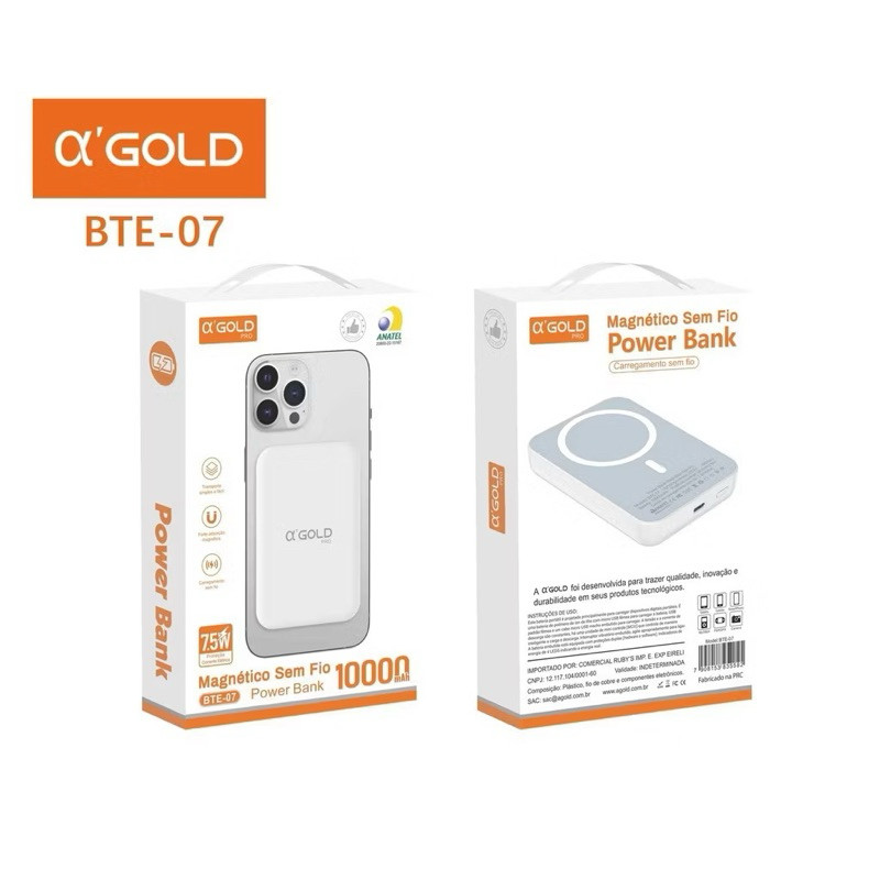 Carregador Power Bank 10000mah Magnético Indução Sem fio 7.5w Para iPhone 12 13 14 -BTE-07--A'GOLD BTE-07