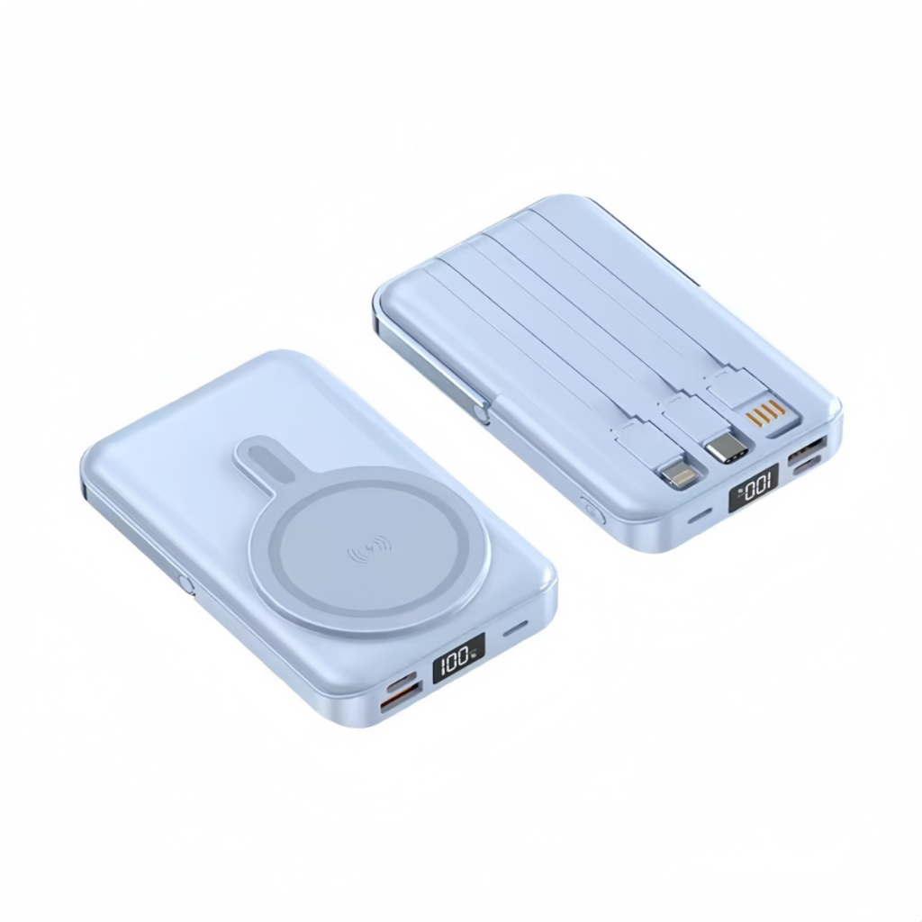 Power Bank Magnético 10000mAh com Suporte Dobrável e 3 Cabos Embutidos Azul