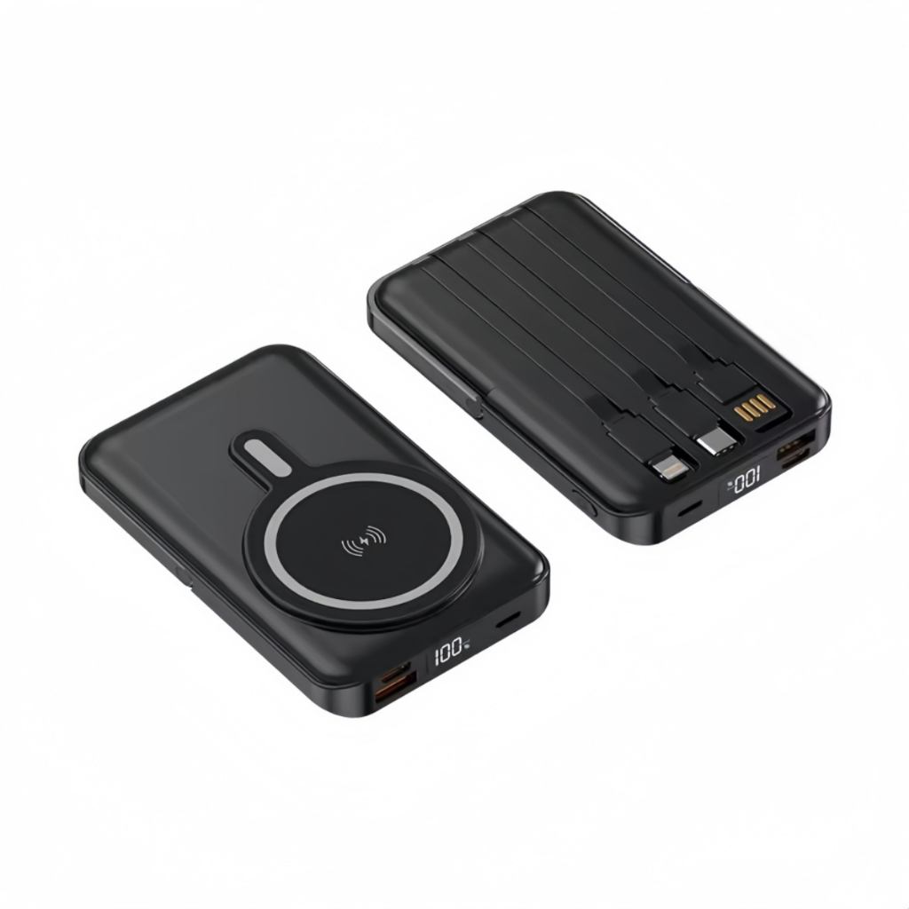 Power Bank Magnético 10000mAh com Suporte Dobrável e 3 Cabos Embutidos Preto
