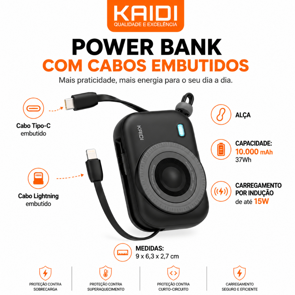 Power Bank KAIDI 10000mAh Magnético com Carregamento Sem Fio 22.5W | Cabo Tipo-C e Lightning Integrados kd-999