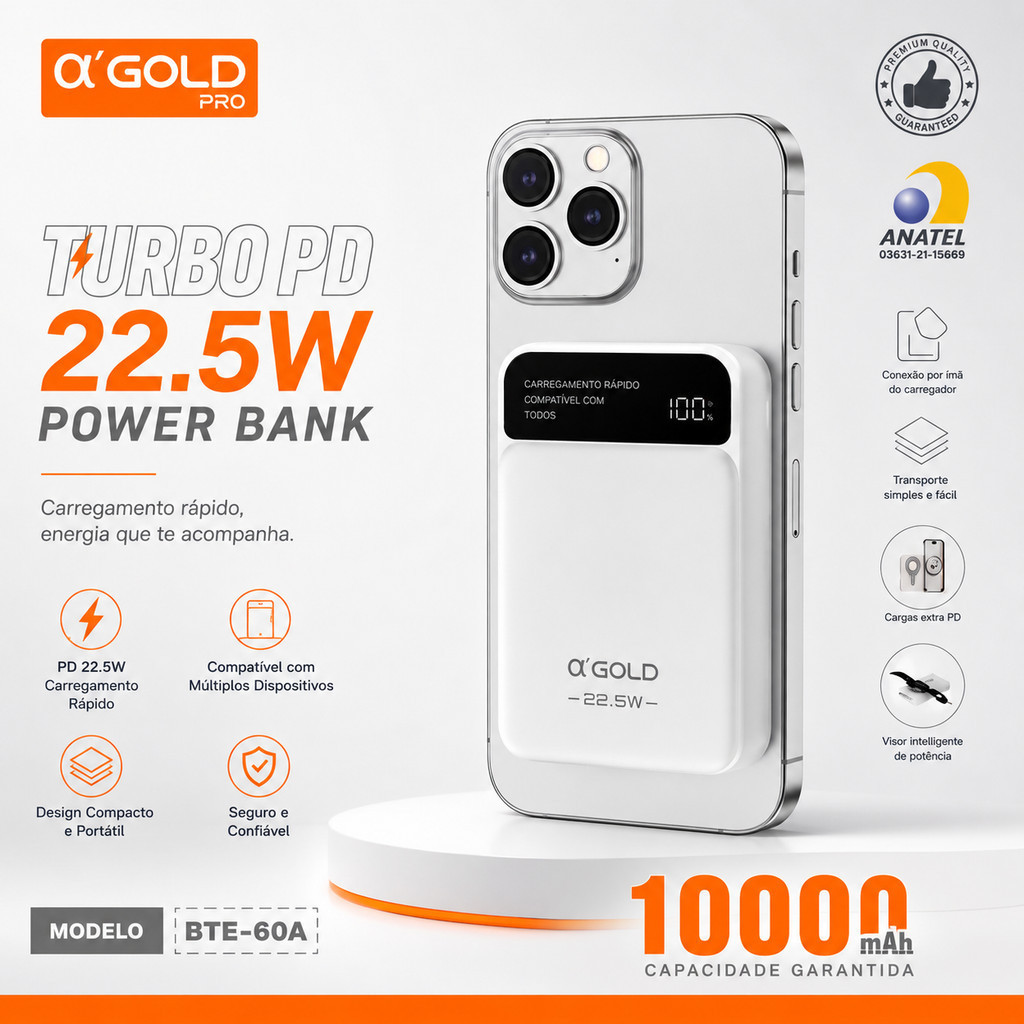 Power Bank Magnético 10000mAh A’Gold Pro 22.5W | Carregamento Sem Fio + USB-C | Display Digital BTE 60A