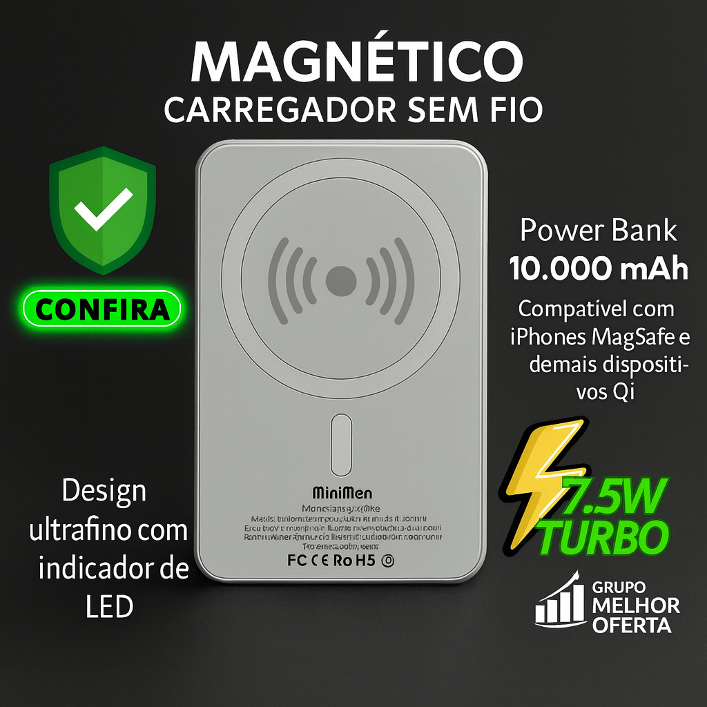 Power Bank Magnético 10000mAh 7.5W Sem Fio Indução Turbo Original Homologado Anatel