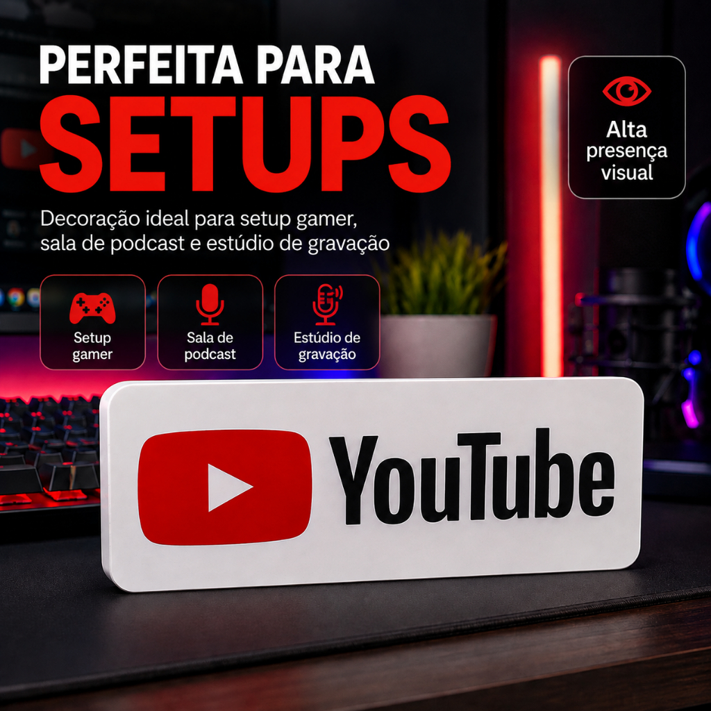 Placa Decorativa YouTube para Setup Gamer Podcast Streaming Estúdio e Escritório