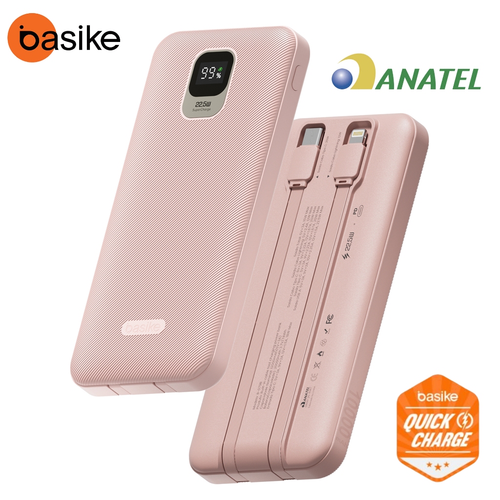 Basike Power bank cabo incluso 20000/10000 mAh portátil Display Digital Compatível com Android e Apple Rosa