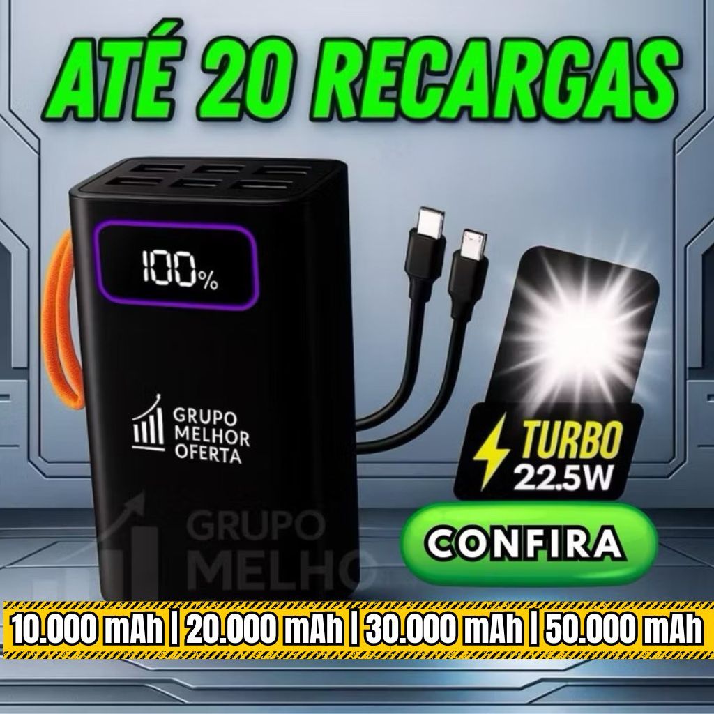 Power Bank 10000 20000 30000 50000mAh Turbo com Display Digital e Lanterna LED
