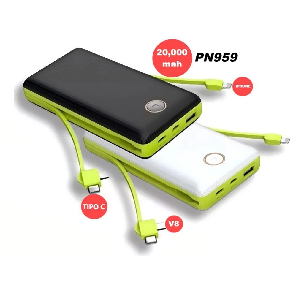 Power Bank 20000mAh com 3 Cabos Embutidos, Carregador Portátil para iPhone e Android PN-959