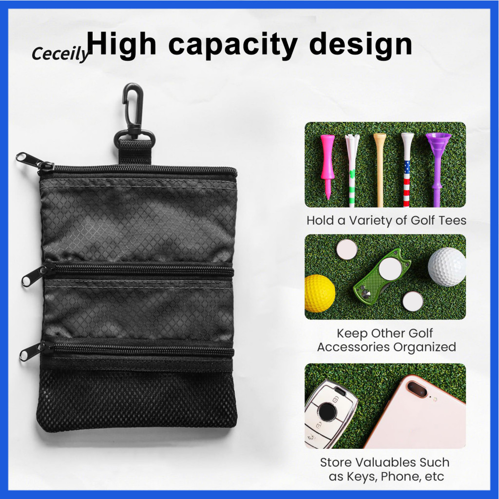 Scratch Resistant Golf Bag Pocket Zipper Opening Waterproof Ball with Waist Clip 3 Pockets Organizer Pouch for Tees Tool
