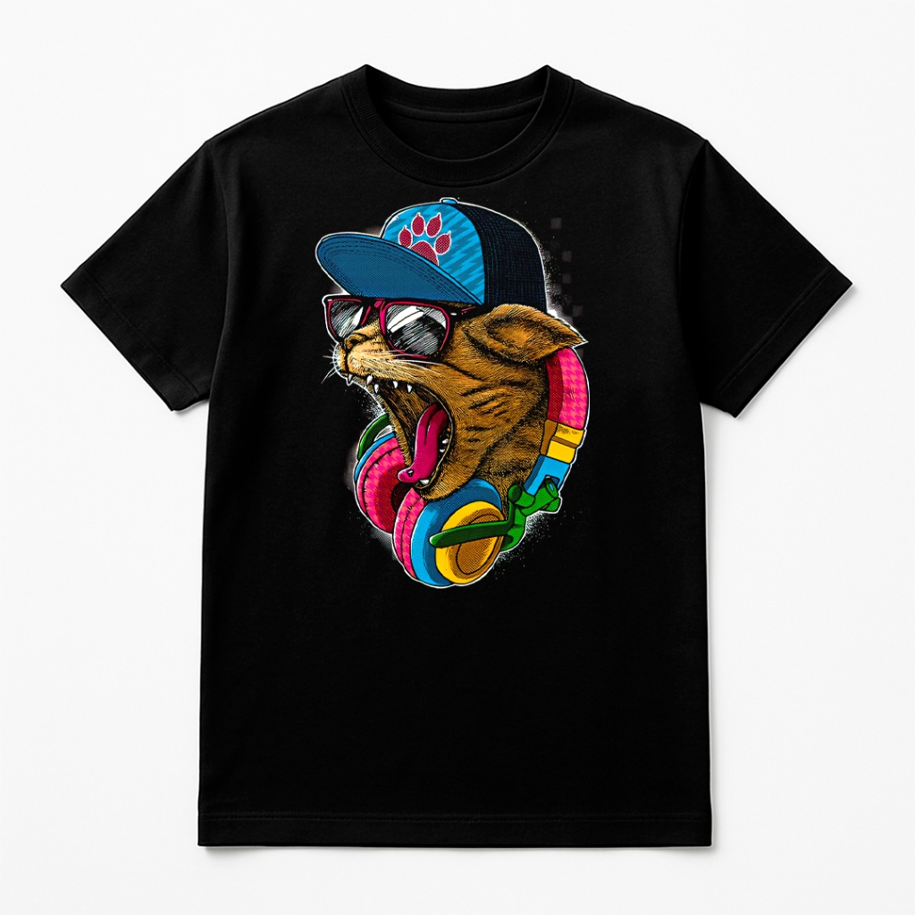 Camiseta Masculina Preta Street Animals Cat Fone