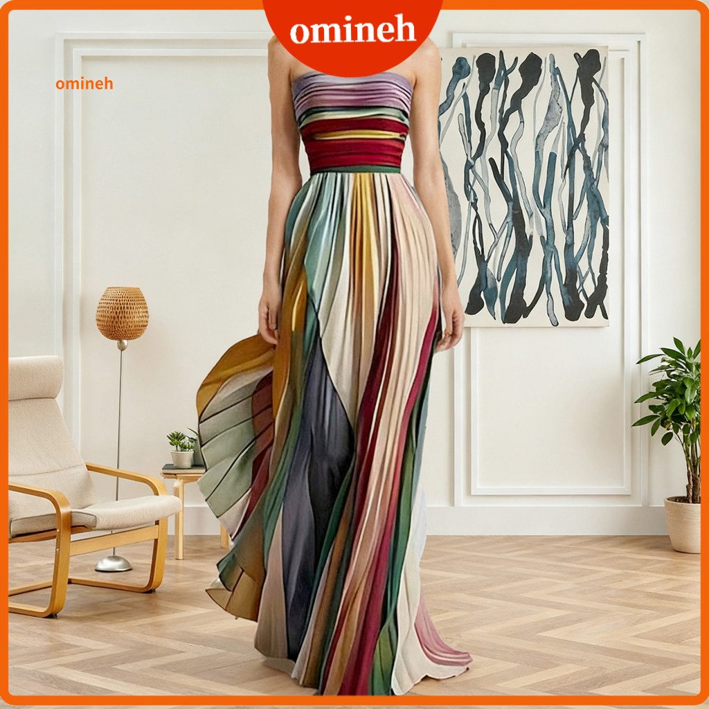 Evening Attire Rooftop Dinner Dress Colorful Off-shoulder Tube Top Gown Striped Print High Waist Long for Wedding Prom C