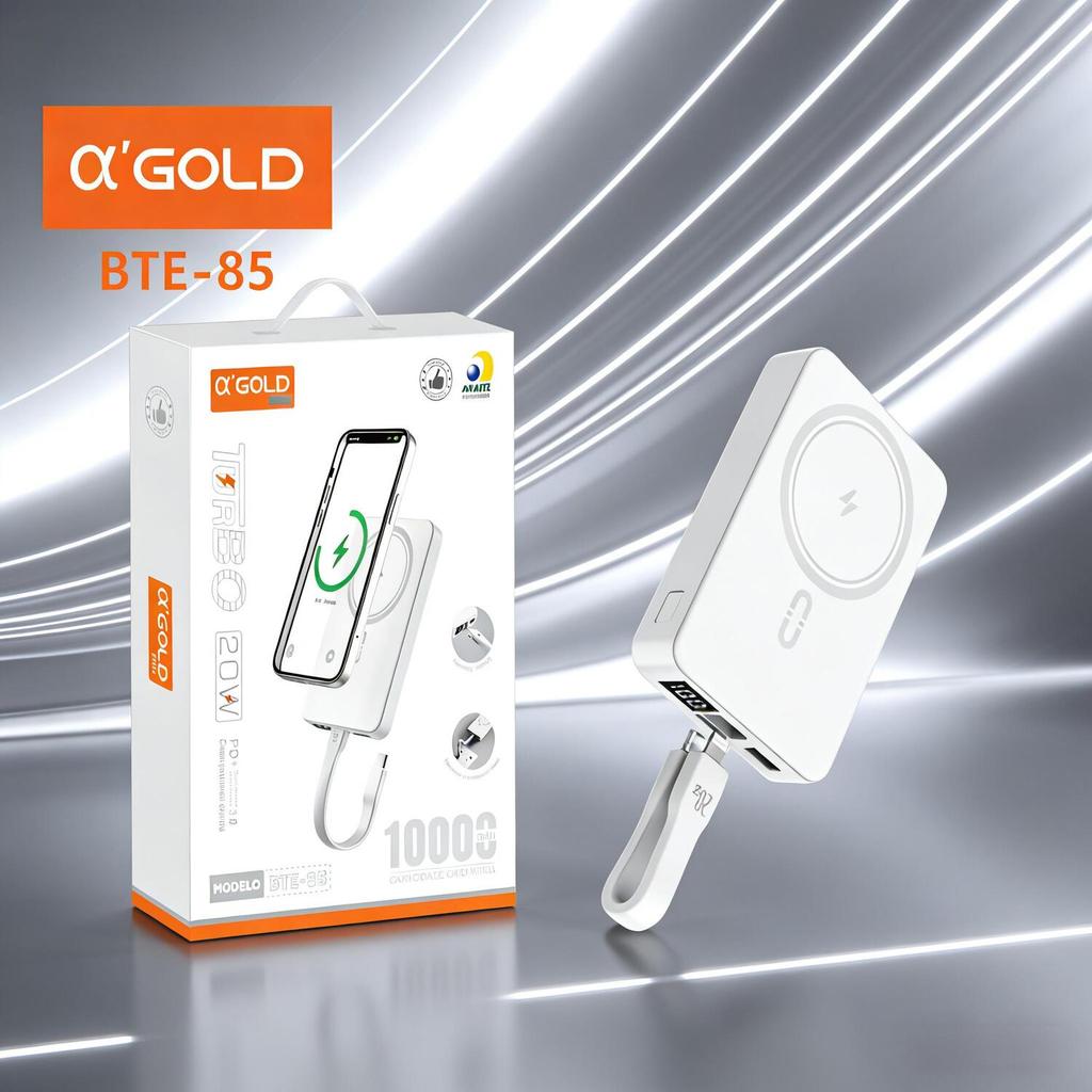A'Gold - Power Bank 10000mAh com Carregamento Sem Fio Magnético 20W BTE-85
