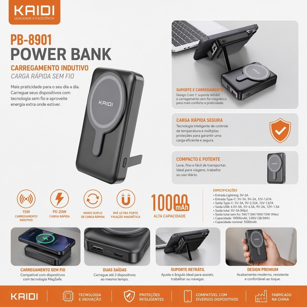 Power Bank KAIDI PB-8901 10000mAh com Carregamento Magnético Sem Fio 15W | PD 20W Carga Rápida | Dupla Saída