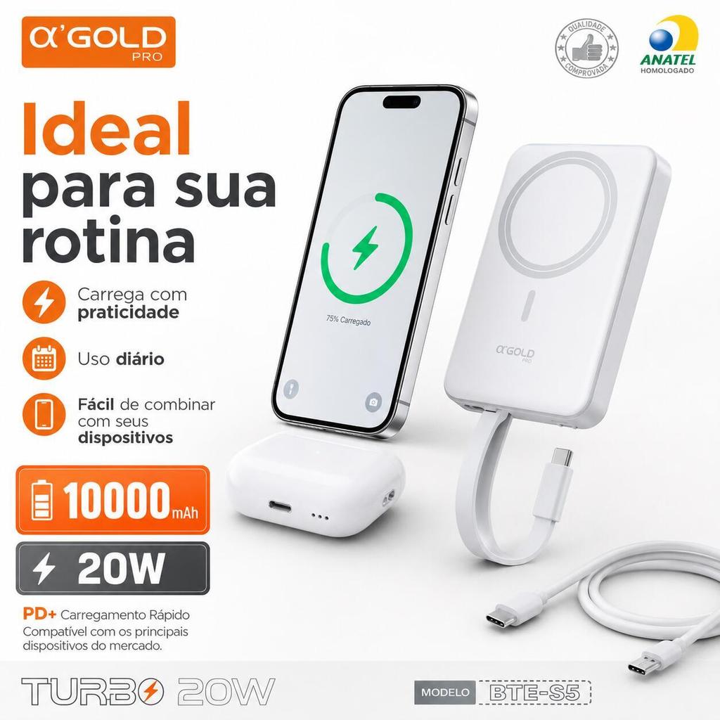 Power Bank Magnético αGold Pro 10000mAh 20W BTE-85 com Cabo USB-C Embutido Carregamento Rápido