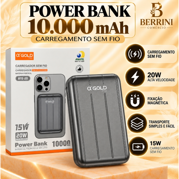 Power Bank A Gold Pro 10000mAh Magnético Sem Fio 15W 20W Carregador Portátil - BTE-20