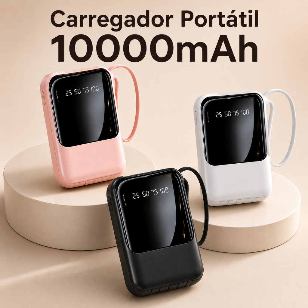 Carregador portátil Power Bank 10000mah PD 20W Com 4 Cabo para Android e iOS e Lanterna