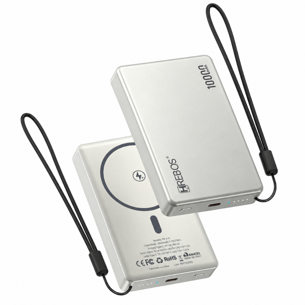 Power Bank 10000mAh 20W Carregamento por Indução Rápido Wireless Qi USB-A Type-C Hrebos PB-919