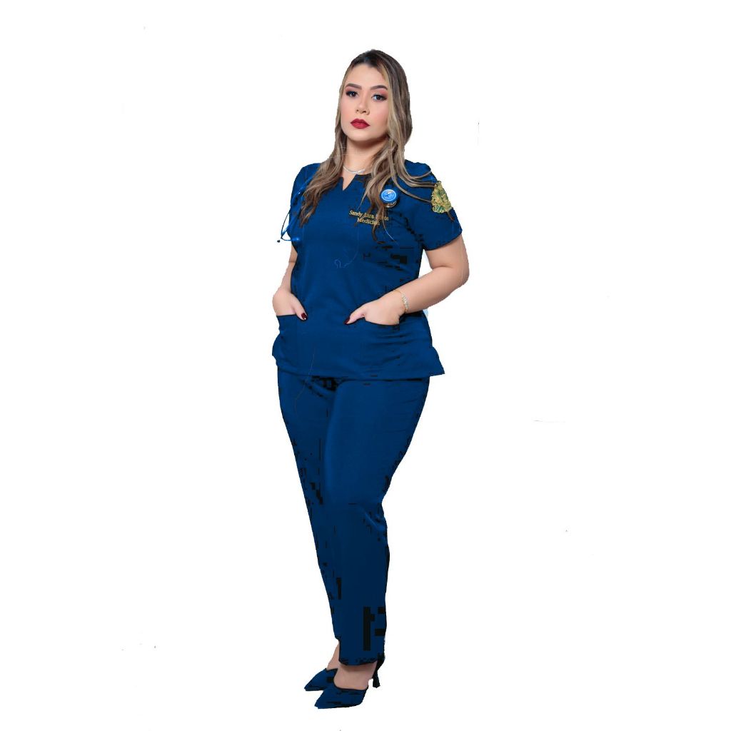 Mauriza 4 Cortes Pijama Cirúrgico Feminino  Azul Marinho Com Elastano