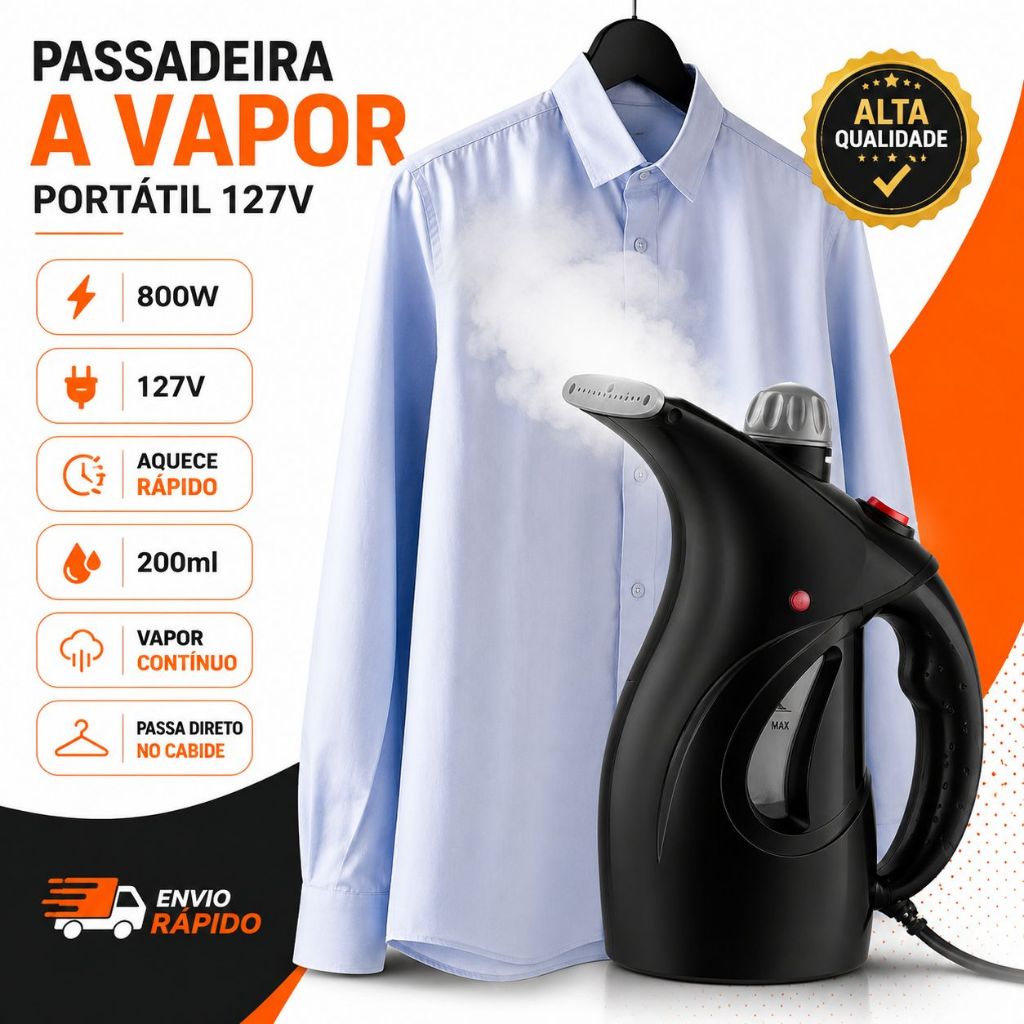 Passadeira A Vapor Portátil Secagem Rápida Fácil Uso Compacta Preta 127V