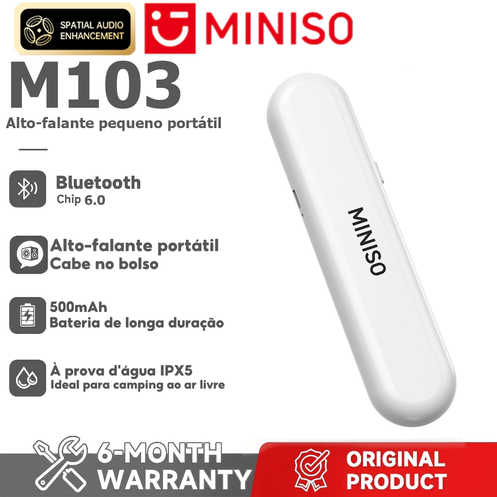 1 ano de garantia MINISO M103 Alto-falante Bluetooth Versão Bluetooth 6.0 Portátil Pequeno Estéreo 3D Som Surround IPX5