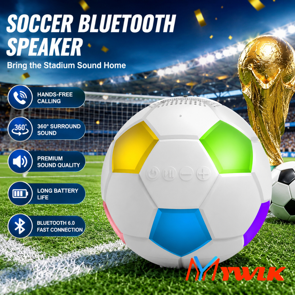 Caixa de Som Bluetooth Bola Futebol LED RGB 360° Som Surround MYWLK Copa do Mundo Portátil Sem Fio