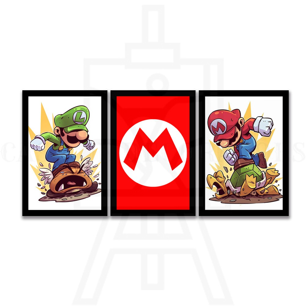 Kit Quadros Decorativos 3 Peças Jogo Mário Bros Luigi Gamer Desenho Infantil Abstrato Aquarela Wallpaper Wallcolor Criança XBOX Playstation Quarto Youtube