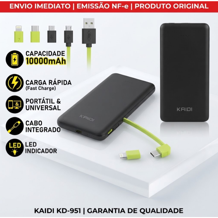 Power Bank Kaidi KD-951 10000mAh Carregador Portátil Rápido