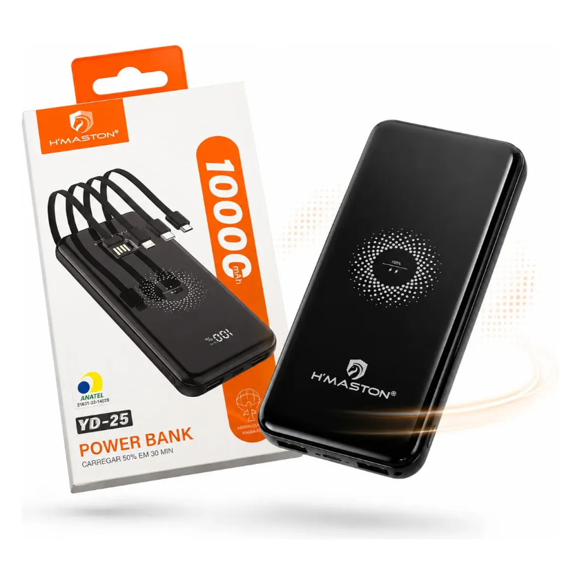 Power Bank H'Maston YD-25 10000mAh Indução 4 Cabos Turbo Original