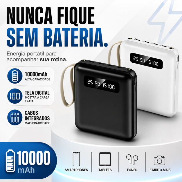 Carregador Portátil Power Bank 10000mAh com Tela Digital Bateria Externa USB Tipo C para Celular